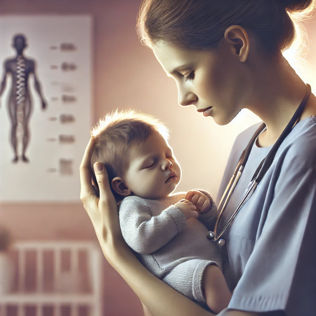 Newborn showing signs of cerebral palsy with floppy limbs and poor head control, cradled by a concerned mother in a pediatrician’s office